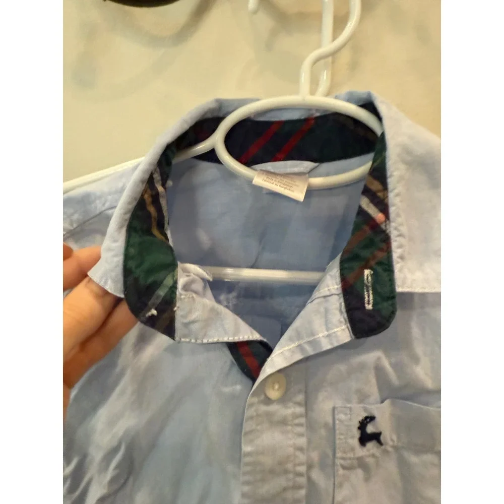 Gymboree Boys Light Blue Long Sleeve Button Down Plaid Trim Reindeer 100 cotton